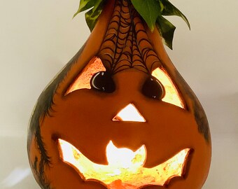 Light Up Bat Jack-O-Lantern Gourd - Hand Painted Halloween Gourd