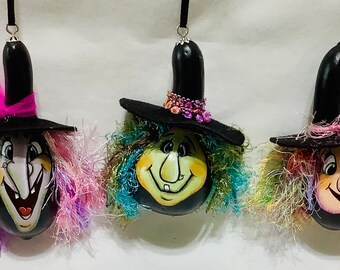 Mini Witch Halloween Gourd Ornament Set of 3 - Hand Painted Gourds