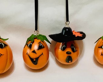 Set of 4 Mini Jack-O-Lanterns Gourd Ornaments - Hand Painted Gourds