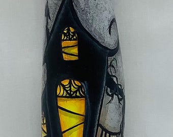 Halloween Gourd Ornament Haunted House - Hand Painted Bananna Gourd