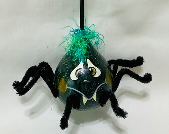 Mini Halloween Gourd Spider Ornament - Hand painted gourds