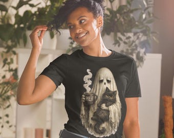 Camiseta espeluznante de Halloween con gato fantasma, camiseta gráfica para amantes del café con gato negro.