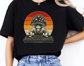 Camiseta retro Mushroom DJ Sunset, camiseta de música electrónica para fiestas rave.
