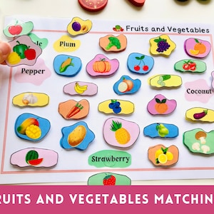 Fruits and Vegetables Matching Activity Worksheet, Color Sorting Gift for Kids, Food Memory Game for Toddler Preschool, Homeschool Printable