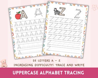 Großbuchstaben Alphabet Schrittverfolgung Aktivität Arbeitsblatt, ABC Phonic Schreiben Lernen, Vorschule Homeschool Handschrift, Kindergarten druckbar