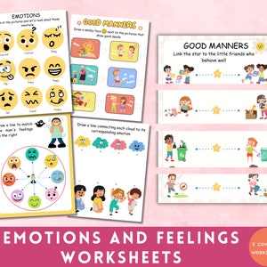 May include: A set of 16 printable worksheets for children to learn about emotions and feelings. The worksheets feature colourful illustrations of faces, clouds, and children. The worksheets include activities such as matching emotions to faces, drawing lines to connect clouds to emotions, and linking stars to children who are behaving well.