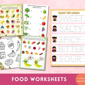 Karta pracy z owocami i warzywami, gra polegająca na dopasowywaniu zdrowych i niezdrowych produktów spożywczych, do druku książka „Zmysł smaku”, książka dla przedszkolaków, prezent dla rodziców uczących się w domu