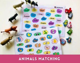 Animals Matching Activity Worksheet, Color Sorting Gift for Kids, Memory Game for Toddlers Preschool, Pre-K Homeschool Montessori Printables