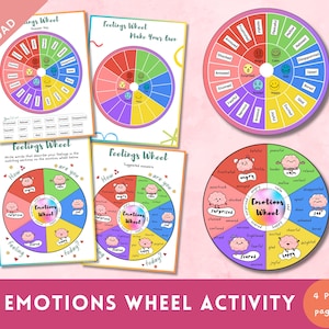 May include: A collection of printable "Feelings Wheel" educational activity sheets. The wheels are color-coded with various emotions, such as happy, sad, and angry. The text "Emotions Wheel Activity" is displayed at the bottom.