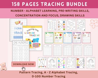Tracing Bundle for Kids, Alphabet Number Line Pattern Trace Worksheets, Preschool Handwriting Practice, Pre-Writing Printable, Activity Book