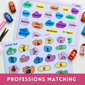 May include: A printable educational game for kids featuring colorful images of different professions. The game includes a sheet with images of people in various jobs and a separate sheet with the names of the professions. The game is titled "PROFESSIONS MATCHING".