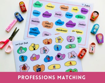 Professions Matching Activity Worksheet, Occupations Memory Game for Toddler Preschool, Job Color Sorting Gift for Kid, Homeschool Printable