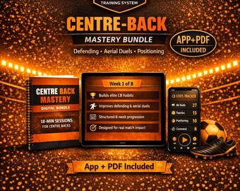 Domina come un moderno difensore centrale in 8 settimane / App per la padronanza del difensore centrale + PDF di allenamento di 146 pagine / Calcio / Difesa e duelli aerei