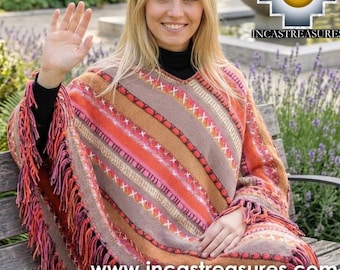 May include: A colorful poncho with a striped pattern in shades of orange, pink, and brown, accented with fringe. The poncho has a V-neck design and is made of a soft, woven material. The website address www.incastreasure.com is visible.