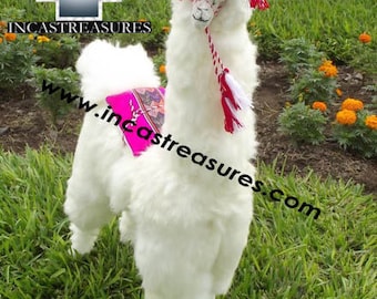 Giant Llama, Handmade Alpaca Stuffed Animal, Peruvian Alpaca Fur Plush Toy, Large Cuddly White Llama, Life-Size Alpaca for Kids