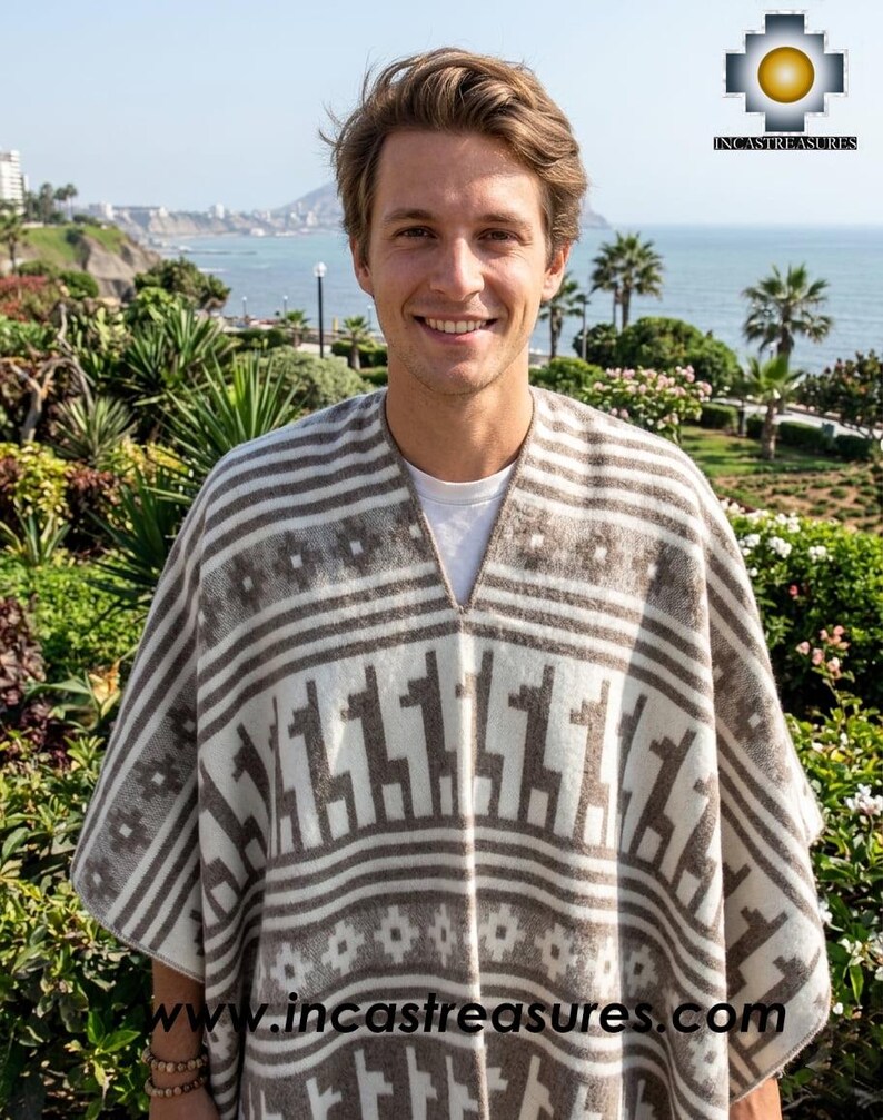 May include: A beige and brown poncho with a geometric llama pattern. The poncho has a V-neck design and horizontal stripes. The image also includes the text "www.incastreasures.com".