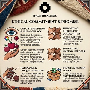 May include: An informational graphic with the text "INCASTREASURES ETHICAL COMMITMENT & PROMISE". The graphic includes illustrations of hands, an eye, apples, and a box with arrows, detailing ethical practices and return policies.