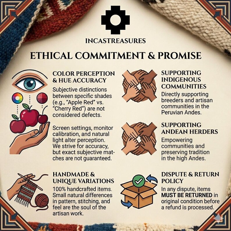 May include: An informational graphic with the text "INCASTREASURES ETHICAL COMMITMENT & PROMISE". The graphic includes illustrations of hands, an eye, apples, and a box with arrows, detailing ethical practices and return policies.