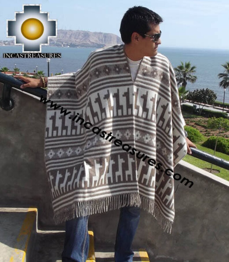 May include: A beige and brown poncho with a geometric and llama pattern. The poncho has a V-neck and fringe along the bottom. The image includes the text "www.incastreasures.com".