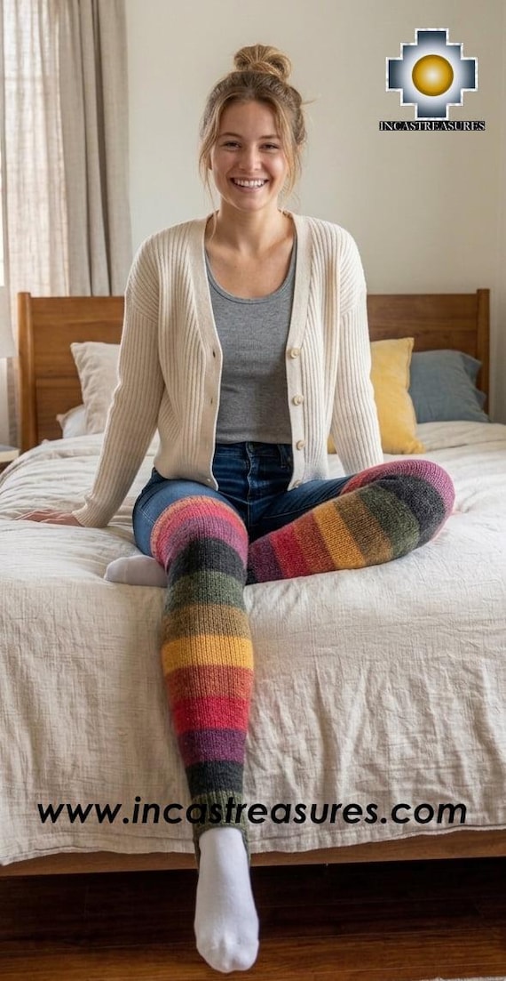 Handmade Rainbow Alpaca Blend Leg Warmers - Extra Soft Striped Yoga & Dance Long Socks - Colorful Boho Winter Legwarmers - Gift for Her