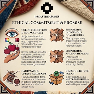 May include: An informational graphic titled INCASTREASURES ETHICAL COMMITMENT & PROMISE. It features four sections with icons: color perception with apples and cherries, hands joined for community support, hand-knitting, and a return policy box.