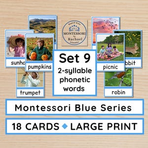 Montessori Blue Series Schede di lettura a 2 sillabe Padroneggia parole lunghe Collegamenti di lettura Incoraggia la descrizione Attività di lettura di parole a 2 sillabe