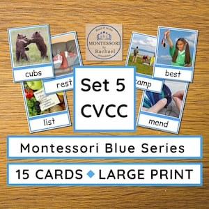 May include: Montessori Blue Series flashcards for early literacy, featuring images and words such as "cubs," "rest," "list," "camp," "best," and "mend." The set contains 15 cards with large print, designed for young learners.