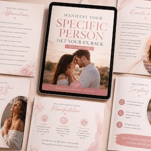 Puede incluir: Una tableta digital que muestra un libro de ejercicios titulado Manifest Your Specific Person Get Your Ex Back, rodeada de cuatro páginas impresas con afirmaciones sobre relaciones, técnicas de visualización y ejercicios.