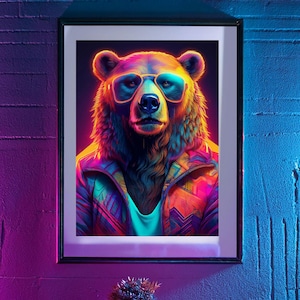 Ours grizzli en tenue néon années 80 - Poster d'art unique - Couleurs vives et impression respectueuse de l'environnement