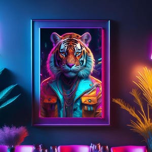 Portrait de tigre rétro - Impression d'art néon vibrante des années 80 - Poster d'art