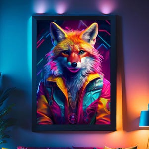 Portrait de renard rétro : impression d'art néon des années 80 - affiche d'art vibrante - décoration murale unique