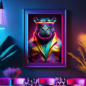 Portrait d'hippopotame cool - impression d'art néon des années 80 - oeuvre giclée vibrante
