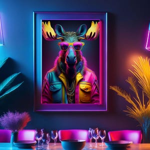 Portret van Groovy Moose: neon jaren 80-vibes fine-art print - kleurrijk en leuk decor