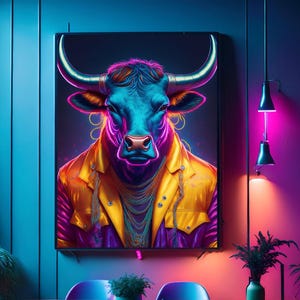 Impression d'art néon portrait de taureau | affiche beaux-arts des années 80 | Impression giclée vibrante