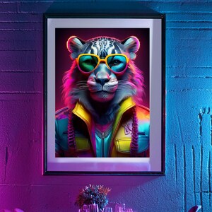 Portrait de léopard des neiges dans le style néon des années 80 - affiche d'art vibrante - décoration unique pour les amoureux des animaux
