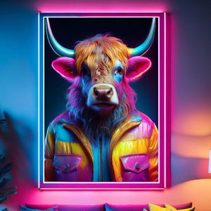 Portrait de vache Highland - impression d'art néon des années 80 - décoration murale fine art colorée