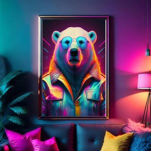 Portrait d'ours polaire à la mode néon des années 80 - Impression artistique éclatante