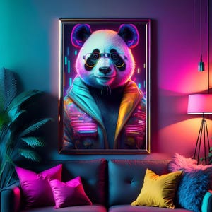 Portrait de panda rétro - impression d'art couleurs néon des années 80 - décoration murale giclée
