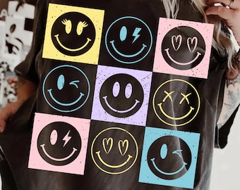 Lächeln Gesicht PNG Sublimation, Bunt Kariertes Lächeln PNG, Retro Glückliches Gesicht Shirt Design, Groovy Helles Lächeln PNG Download