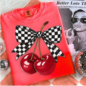 Cherry Bow PNG, Checker Bow Cherry Sublimation Design, Retro Fruit PNG Download, Cute Girly Aesthetic Shirt PNG