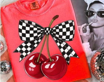 Cherry Bow PNG, Checker Bow Cherry Sublimation Design, Retro Fruit PNG Download, Cute Girly Aesthetic Shirt PNG