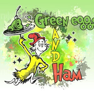 May include: Illustration of a character from "Green Eggs and Ham" holding a plate with green eggs. The text "Green eggs and ham" is displayed in a colorful, whimsical font against a green and white background.