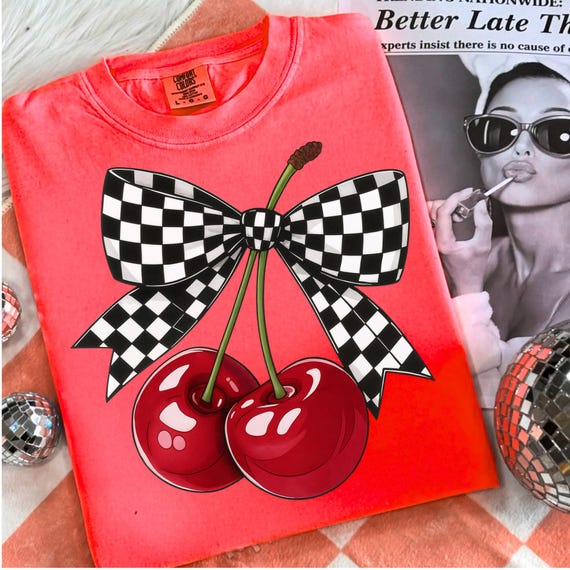 Cherry Bow PNG, Checker Bow Cherry Sublimation Design, Retro Fruit PNG Download, Cute Girly Aesthetic Shirt PNG