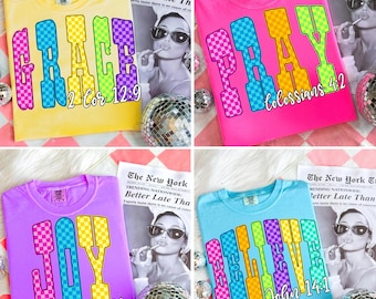 Christian Checkered PNG Bundle, Colorful Faith Sublimation PNG, Pray Believe Joy Grace Shirt Design, Religious Bright Letter PNG Set