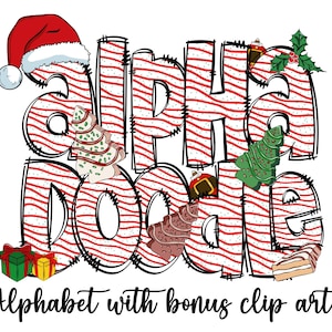 May include: A festive graphic featuring the words "Alpha Doodle" in a bold, striped font with red and white candy cane stripes. The design includes Christmas-themed clip art such as a Santa hat, gingerbread cookies, and gift boxes. The text "Alphabet with bonus clip art" is below.