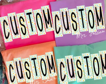 Custom Daisy Block Letters PNG, Personalized Teacher Name Sublimation, Bright Floral Text Design PNG, Groovy School Shirt