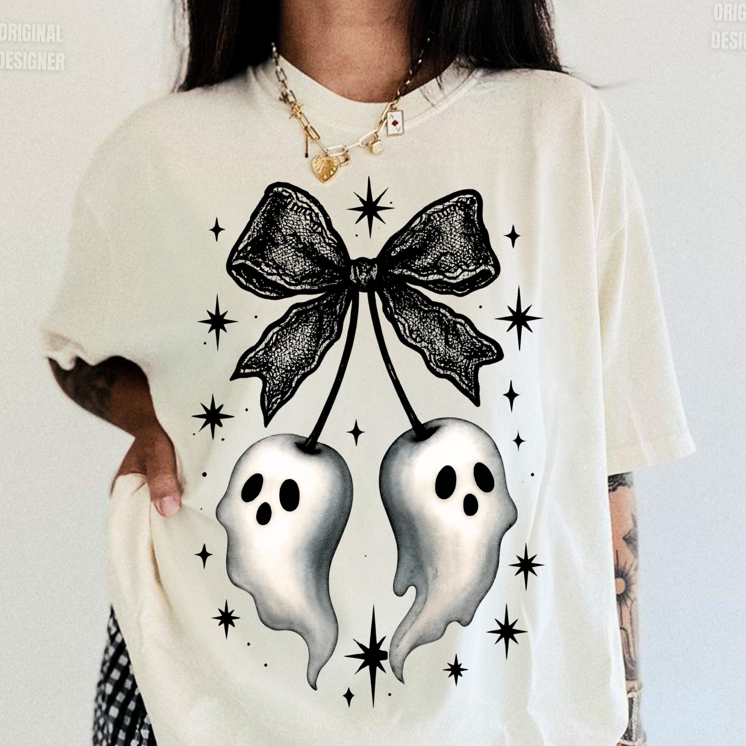Ghost Bow PNG, Cute Halloween Sublimation Design, Spooky Black Lace Bow with Floating Ghosts and Stars Art