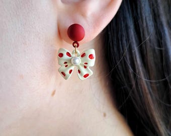 Red polka dot bow earrings Red bow earrings Red black bow earrings Kawaii earrings Girls bow earrings