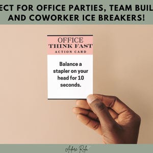 May include: A pink card with the text "Office Think Fast Action Card" and the instructions "Balance a stapler on your head for 10 seconds."