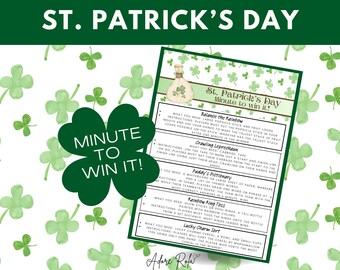 St Patrick's Day Minute to Win it-spelpaket - 40 roliga utskrivbara spel med St. Patty's-tema, perfekta för alla åldrar | Direktnedladdning Paddy's